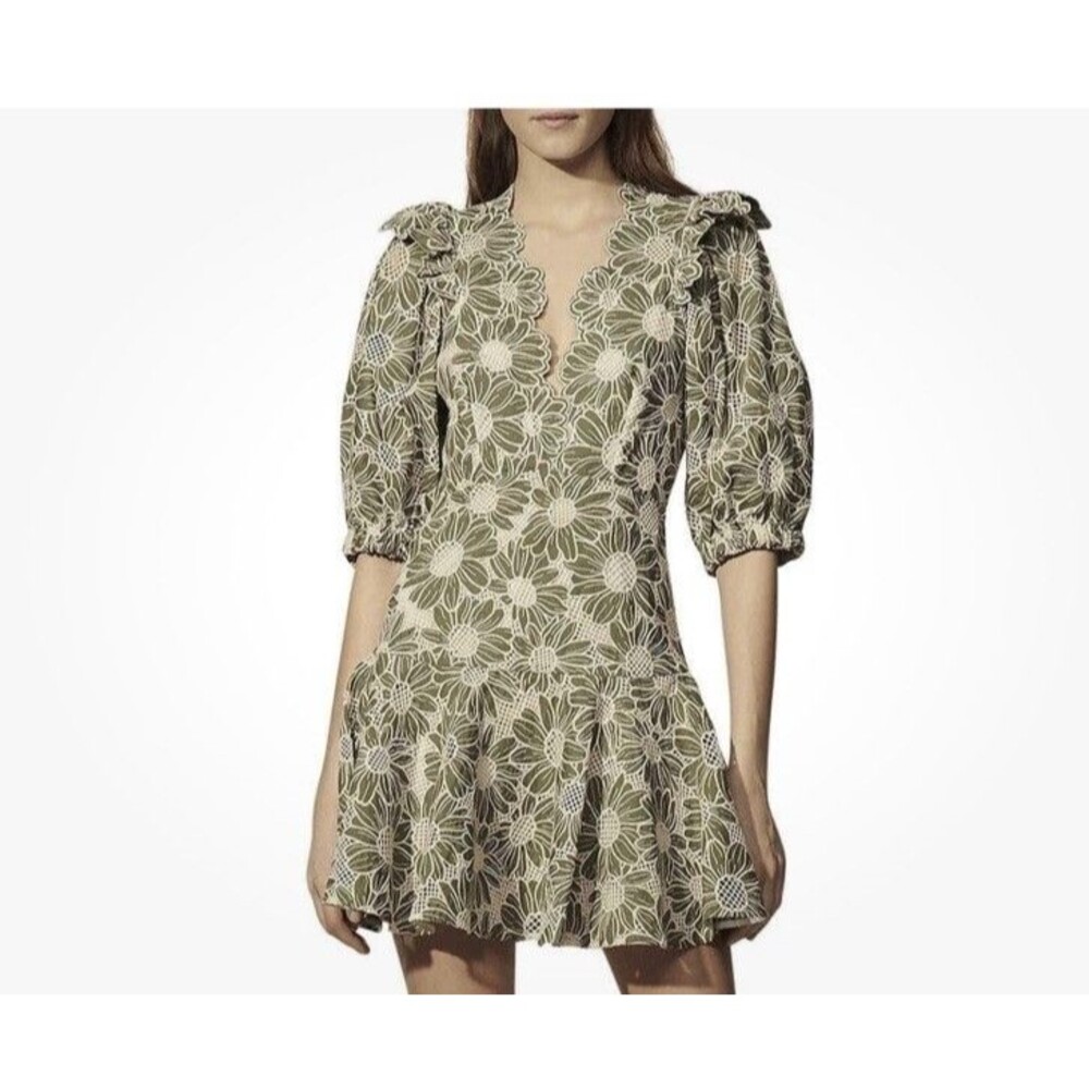 Sandro Audrey Dress Sz 38 M Women’s Embroidered Cotton Lace Dress Kaki